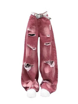 Women's Pink Y2k Ripped Cargo Jeans Harajuku Denim Trousers Aesthetic Y2k Jean Pants Vintage Japanese 2000s Style Trashy Clothes