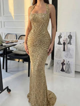 Elegant Sequin Halter Mermaid Gown Burgundy Waist Sleeveless Bodycon Floor Length Dress New Style Formal Party Maxi Outfits 2026