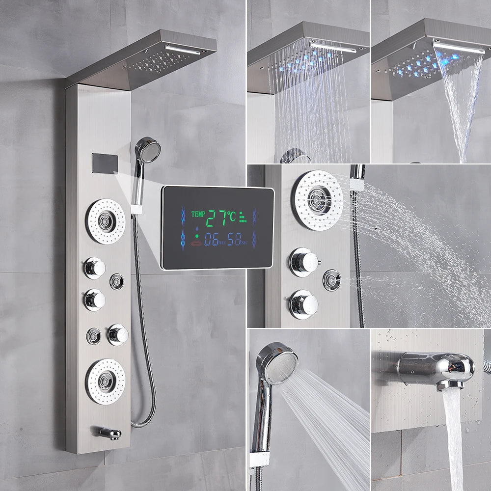 Golden Black Shower Panel Wall Rain Waterfall Shower Faucet Bathroom Shower Set APS Body Spray Jets Plastic Handshower Head