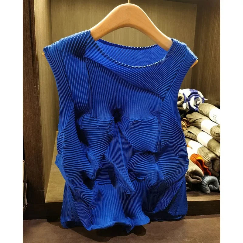Miyake Heavy Industry Japanese Age Reducing Flower Bud Aesthetic Design Folded Top Irregular Sleeveless Tank Top 2024 Summer New