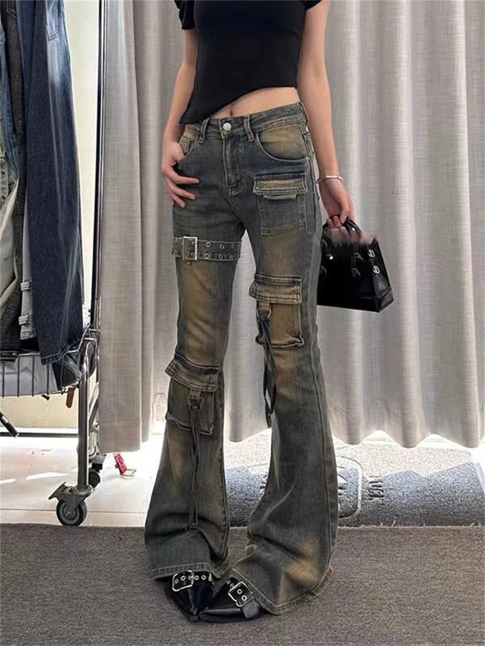 2025 Autumn Winter Women's Denim Pants High Waist Cargo Jean Goblin Core Kpop Bell Bottom Japanese Y2k Stretch 2000s Jeans Gyaru
