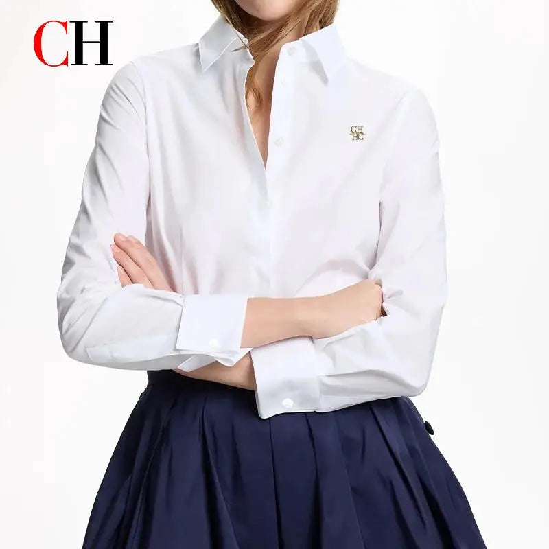 New Women White Button Down Shirt CH Emblem Long Sleeve Blouse Office Work Formal Breathable Lightweight Top