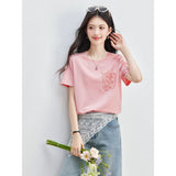 VIMLY Women's French Pink Short Sleeve T-shirt 2026 Summer New Flower Pouch Design Crew Neck Top Fashion Casual Wear A6828