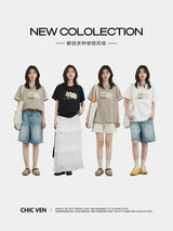 CHIC VEN Korean Women T-Shirts O Neck Loose Casual Cat Animal Embroidery Short Sleeved Tees Female Top Spring Summer 2025