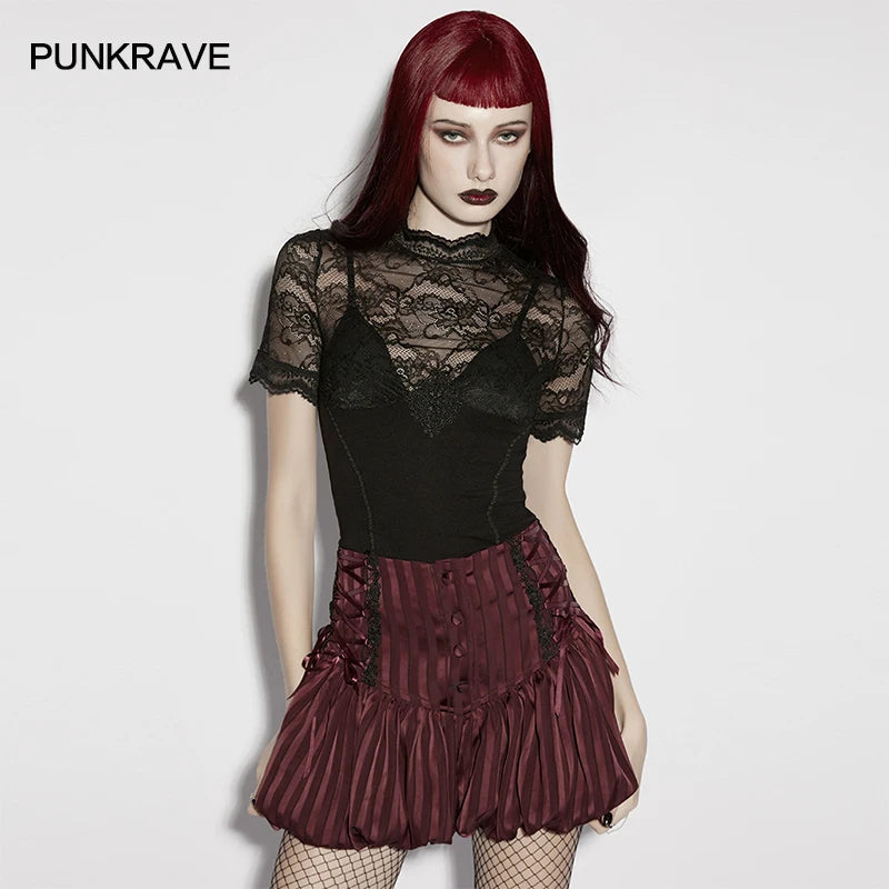 PUNK RAVE Women's Gothic Lace Knitted Elegant Texture Hazy Beauty Short Sleeved T-shirt 3d Small Decal Slim Sexy Tops Summer