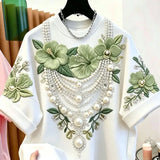 Fashion Bead Flower Embroidery Loose Short Sleeved T-shirt 2026 Summer New Lazy Style Casual Top Men's and Women's Clothing
