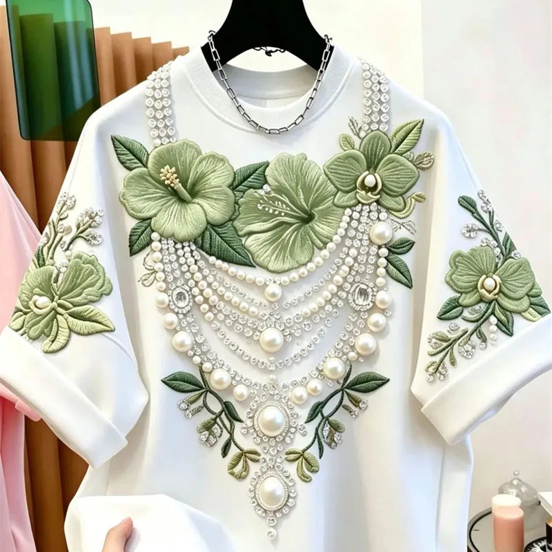 Fashion Bead Flower Embroidery Loose Short Sleeved T-shirt 2026 Summer New Lazy Style Casual Top Men's and Women's Clothing