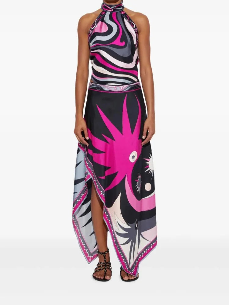 Lady Sexy Printed Halter Dress Sleeveless Off-shoulder Backless Loose Irregular Chic Robe 2026 Women Vacation Street Vestidos
