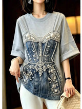 Fashionable Heavy-Duty Beaded Loose T-Shirt Women's Summer New Arrival Korean Style round Neck Short Sleeve Top for Ladies