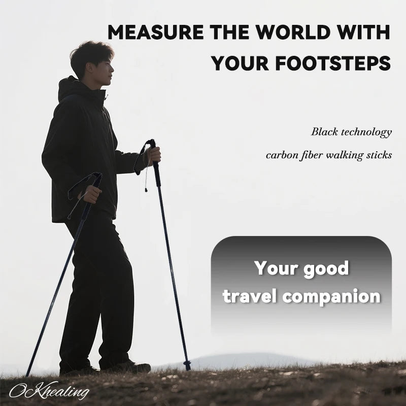 Local+ 2PCs Carbon Fiber Foldable 5-Sections Ultra-Light 110g Trekking Poles Walking Cane, 110/120/130cm Fixed Length Hiking Sticks for Outdoor Camping, City Running, Travel, Men Women Lightweight Portable Gear Caron Fiber Black Tech