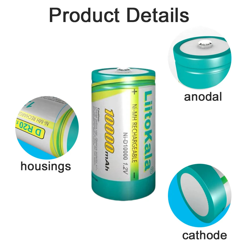 1-30PCS LiitoKala Ni-D10000 1.2V D R20 Size Battery D Cell 10000mAh Huge Capacity Ni-MH Rechargeable D Batteries for Gas Stoves