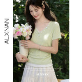 ALXNAN Women's T-shirt V-neck Lace Trim Fake Two Piece Short Sleeve Tees 2026 Summer Elegant Fashion Casual Top Ladies L65706-2