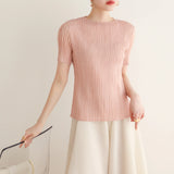 Summer New Pleated Fashion Simple Casual Style Thin T-shirt Temperament Commuting Formal Occasions Commuter Tops