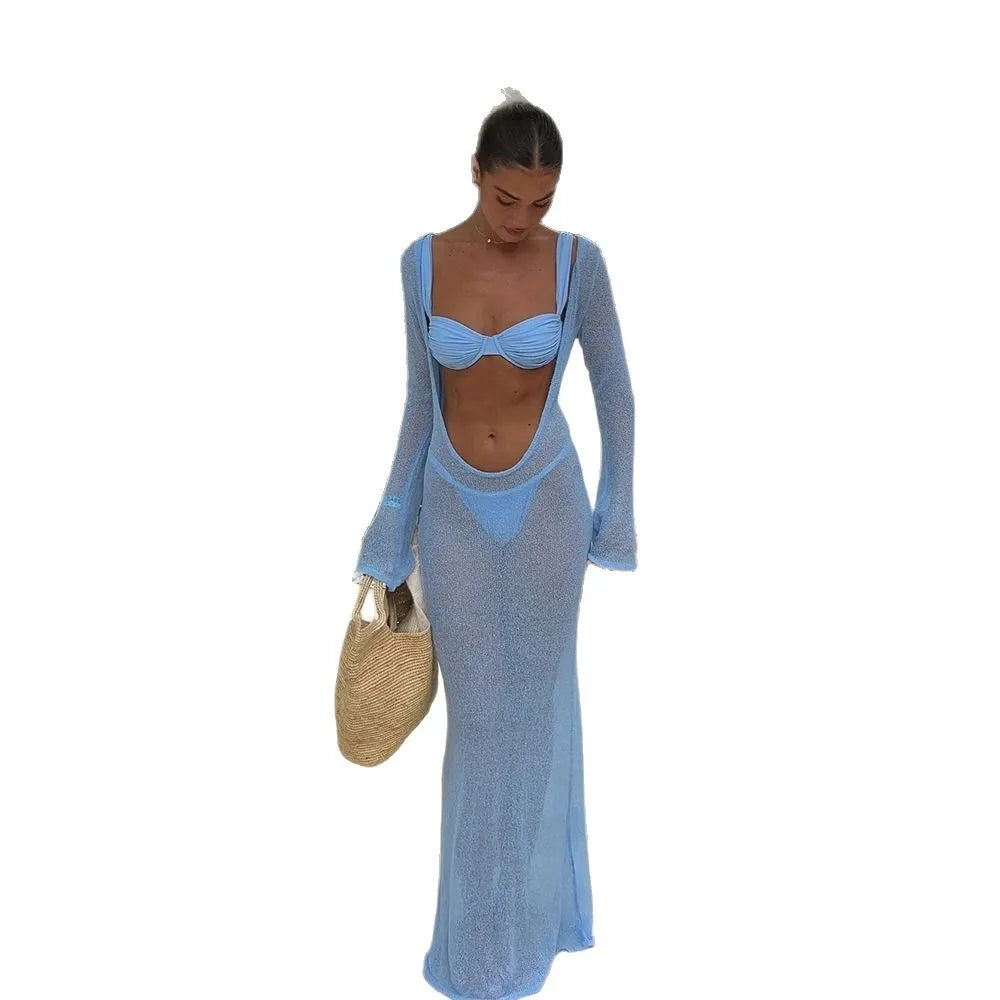 WackDaria Women Swimsuit Three Pieces Bikini Set Long Sleeve Dress Mesh Cover Up Beach Swimming Bathing Suit