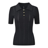 Twisted Knit Sweater T-shirt Women Summer Fashion Buttons Hollow Out Short Sleeve Top Office Lady Turn-Down Collar Knitwear Tee