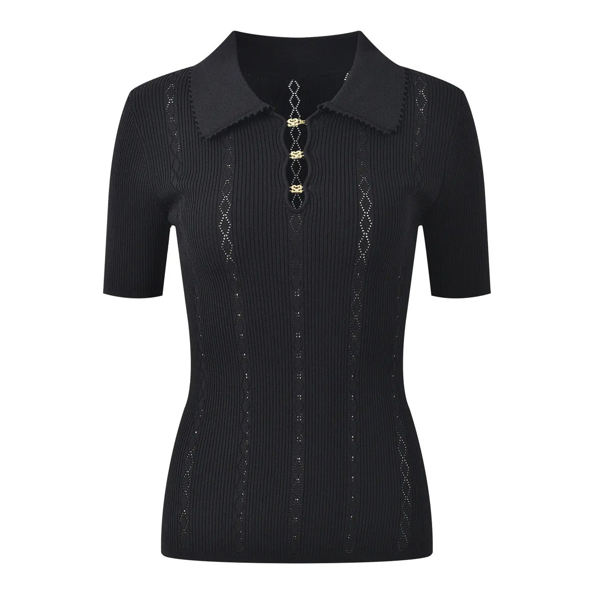 Twisted Knit Sweater T-shirt Women Summer Fashion Buttons Hollow Out Short Sleeve Top Office Lady Turn-Down Collar Knitwear Tee
