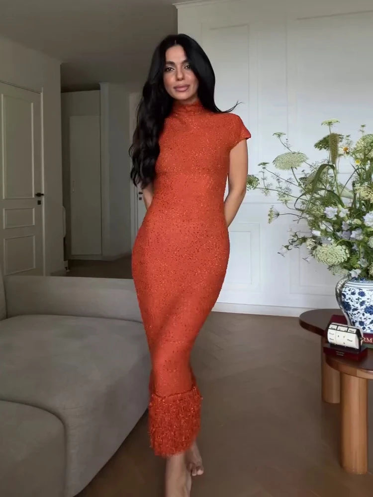 High Neck Short Sleeve Tassel Trim Midi Dress Slim Fit Bodycon 2026 Summer Women Elegant Dress Galm Casual Lady Long Dress