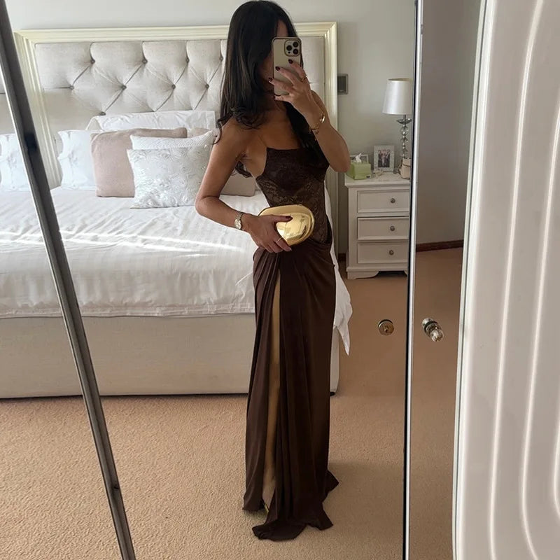 Women's Brown Sheer Lace Bodice Draped Long Dress Sexy Spaghetti Strap Party Evening Long Dresses Black Burgundy Wedding Guest
