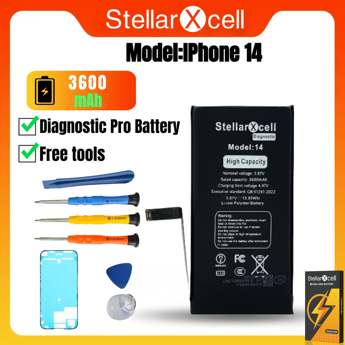 StellarXcell Diagnostic Battery No Unknown Parts No Pop Up Message for iPhone 12mini 13Pro Max 14Plus 15Pro Max With Free Tools