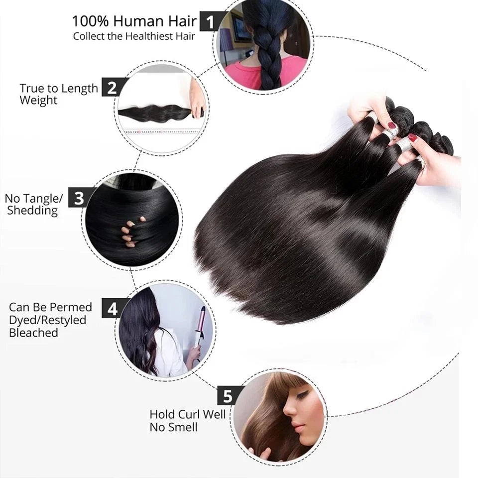 GEM 100% Human Hair Straight Bundles Brazilian Weaving For Women 1 3 4 Bundle Deal Natural Color 12-32Inch Human Hair Extensions