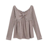 Korean Retro Bow Pleated Casual Long-sleeved T-shirt Women 2026 Spring New High Street Contrast Color Striped Tops