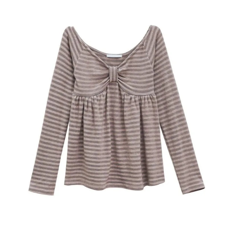 Korean Retro Bow Pleated Casual Long-sleeved T-shirt Women 2026 Spring New High Street Contrast Color Striped Tops