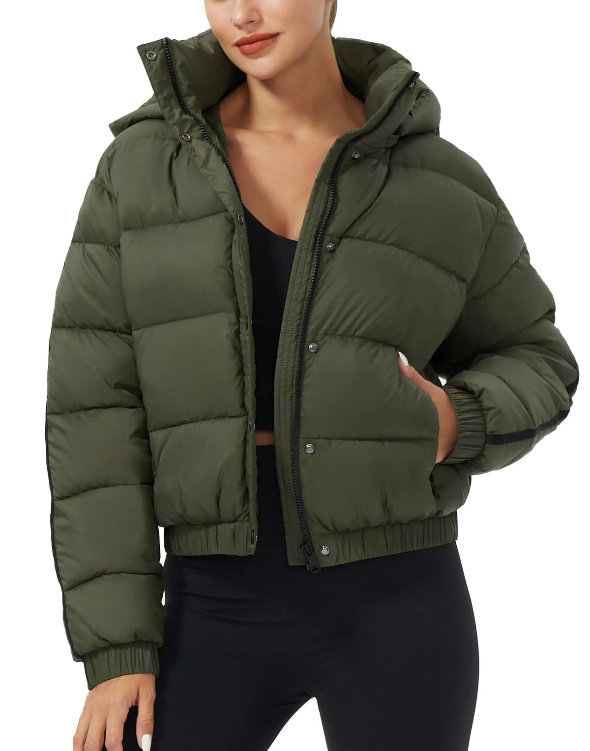 Pioneer Camp Women's Winter Cropped Puffer Jacket with Hood Waterproof Short Warm Quilted Jacket Puffy Bubble Coat Outerwear