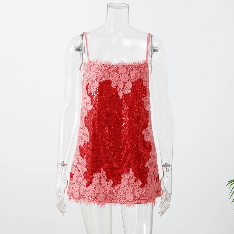 Sexy Sequin Lace Trim Dress Women Fashion V-neck Sleeveless High Waist Mini Sling Dresses 2026 Summer Trendy Lady Vacation Robe