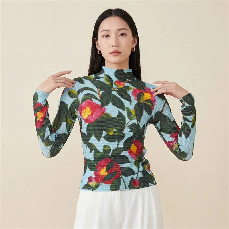 LANMREM Flower Printting Pleated Women's T-shirt High Elastic Slimming Design Stand Collar Long Sleeve Pullover Tops 2DB6574