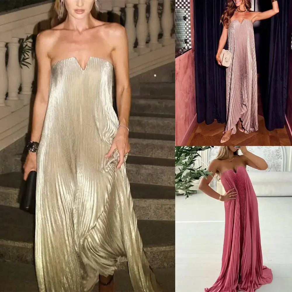 Sexy Strapless High Waist Evening Gown For Women Fashion Off Shoulder Pleated Party Dress Elegant Hollow Sleeveless Long Dresses