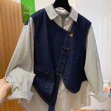 plus Size Women's Denim Patchwork Long Sleeve Shirt Spring Loose Striped Slimming T-Shirt Korean Style Commute Fashion