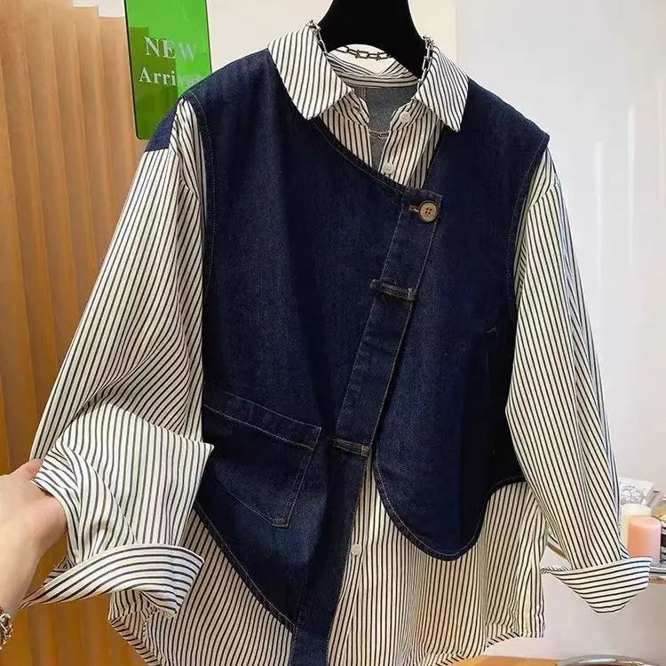 plus Size Women's Denim Patchwork Long Sleeve Shirt Spring Loose Striped Slimming T-Shirt Korean Style Commute Fashion