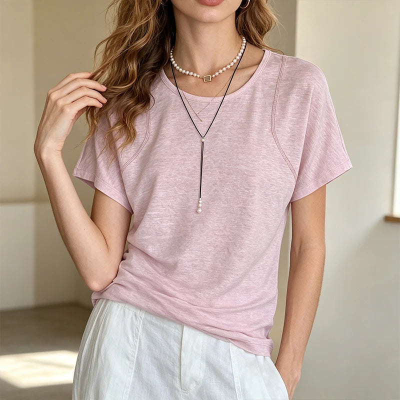 Chic Women's 100% Linen Round Neck T-Shirt Slim Designer Original Natural Short Sleeved Tee Tops