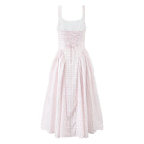 YENKYE Lace Up Bandage Plaid Sling Dress Women Elegant Square Neck Low Waist A-line Midi Summer Dresses Holiday Party Robe 2025