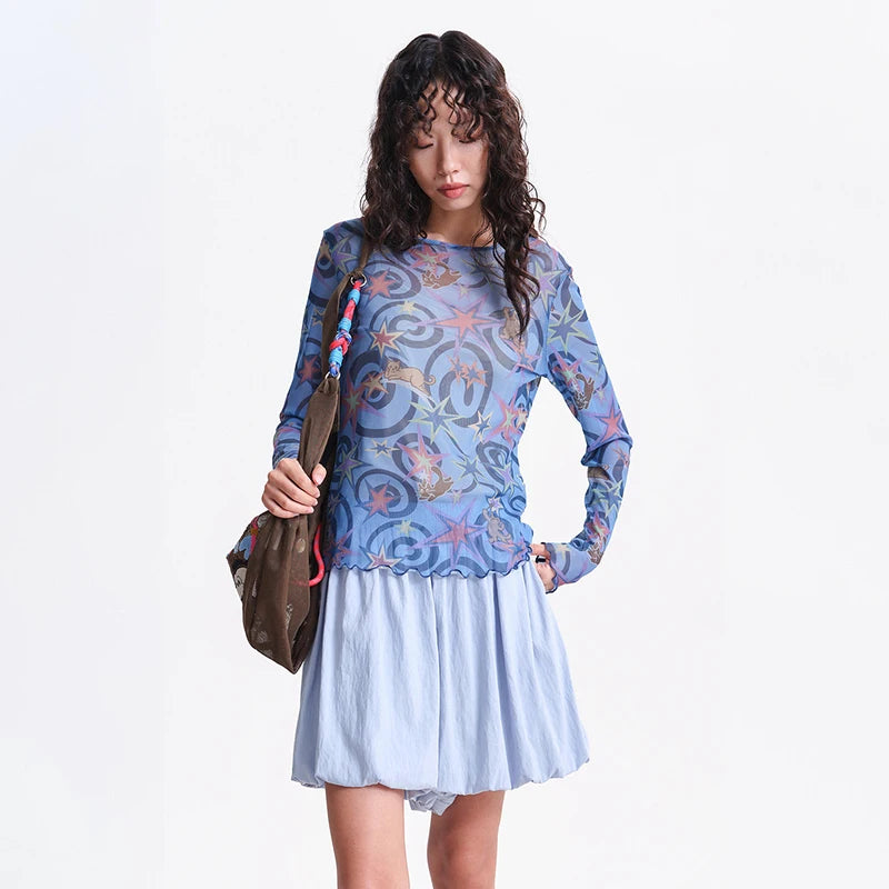 MOVEUP Long-Sleeved Crew Neck Top, Spring 2026 New Geometric Print Mesh Ruffled Hem Personalized Casual Top For Women 3ELC10535