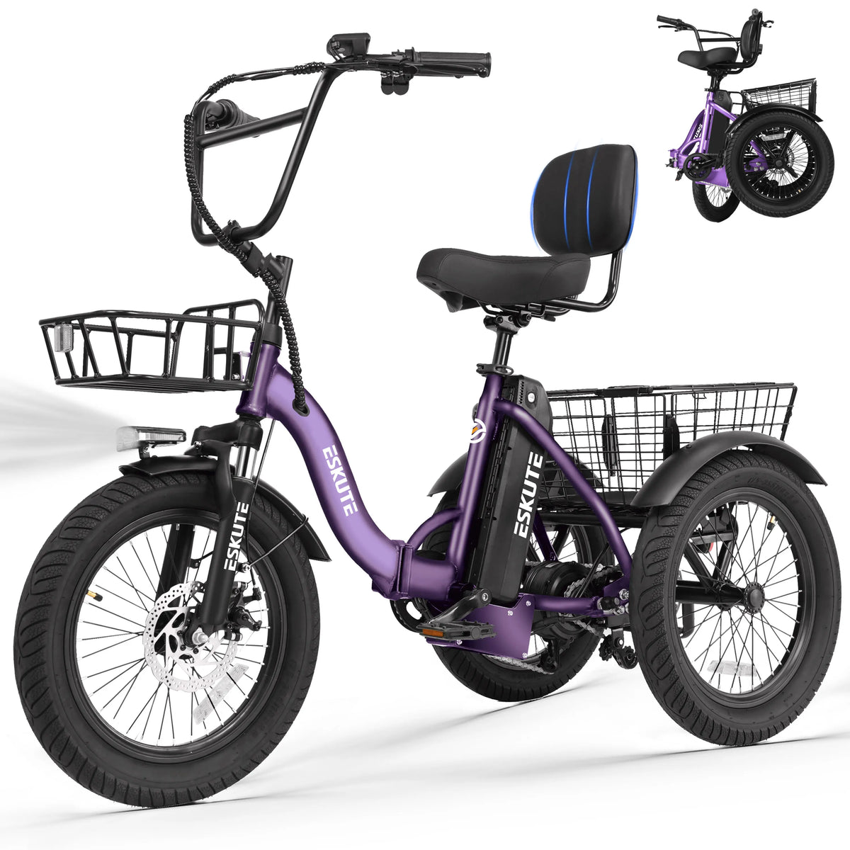 ESKUTE T300 Electric Bicycle Trike for Adults, 624Wh Battery, 1200W Motor eBIKE, 18"x3.0" Fat Tires, Foldable 3-Wheel E-Bike