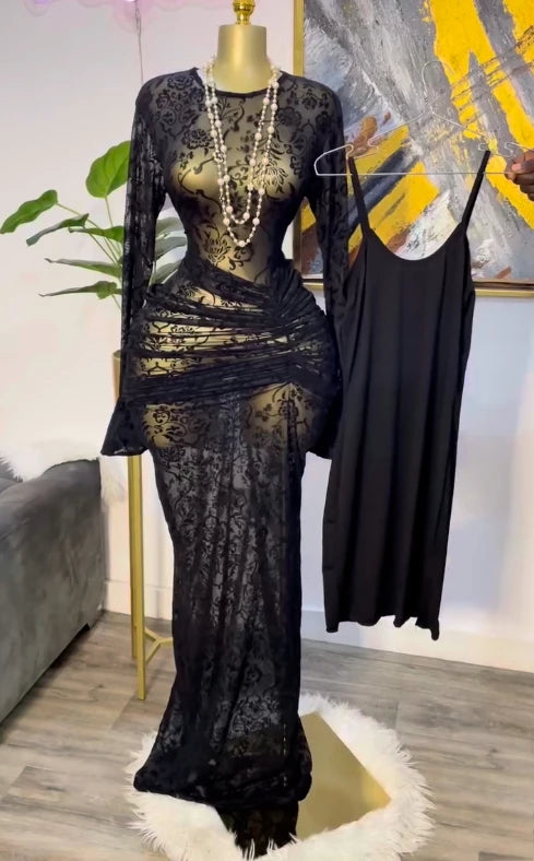 CM.YAYA Women Long Sleeve Stacked Mesh with Lining Bodycon Cocktail Long Dress 2025 Autumn Evening Birthday Sexy Party Dresses