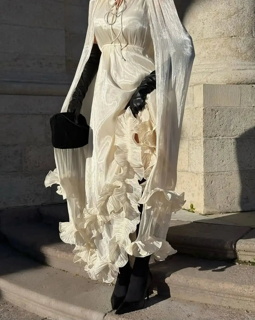 Multi-layer Ruffled Hem Sleeveless With Cape Maxi Dress Women Round Collar Lace Up Long Dresses 2026 New Evening Party Robes
