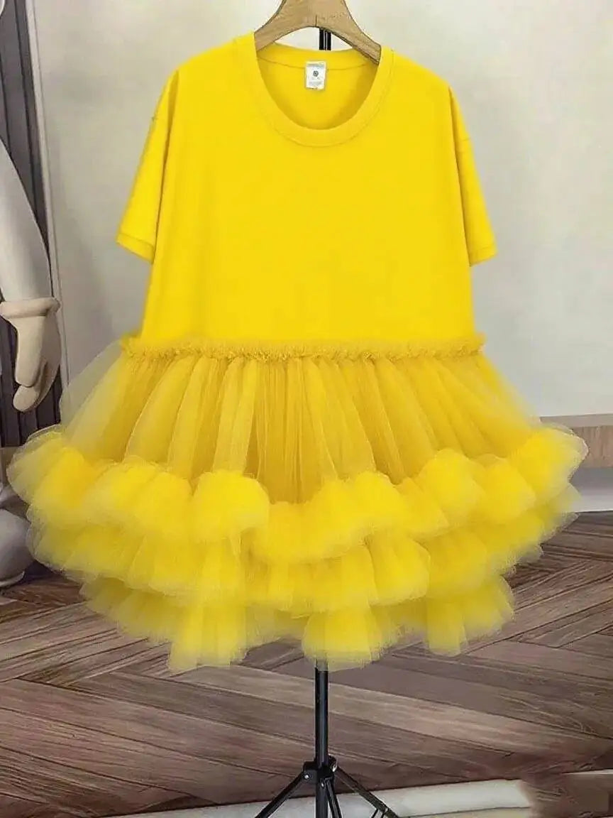[EWQ] Fashion Streetwear Ball Gown Dress Solid Colors Spliced Irregular Mesh Loose Women Dresses 2025 Summer New Tide 16O6549