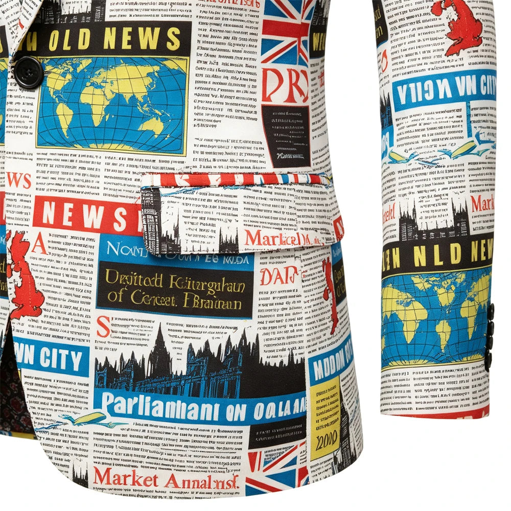 Men Newspaper World Map Printed Blazer Black Peak Lapel Slim Fit Jacket Wedding Groom Tuxedo For Party Prom