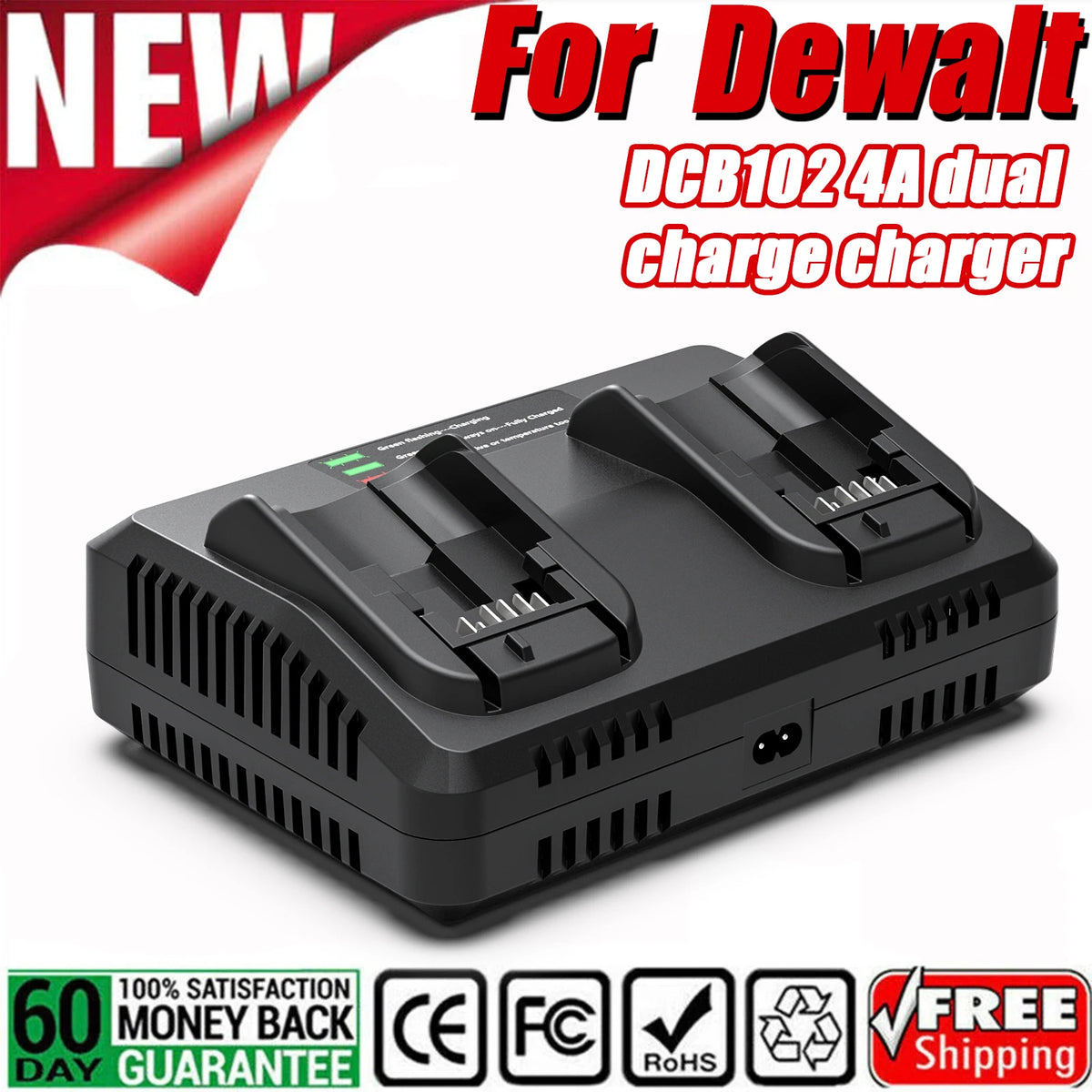 BATTOOL DCB102 4A 2 Slot Battery Charger For Dewalt DCB200 DCB101 DCB184 DCB105 US/EU/UK/AU Plug MAX Liion Battery Fast Charger