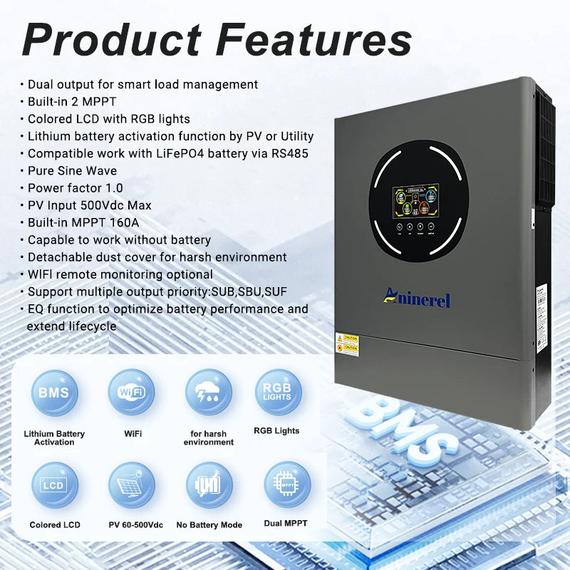 Aninerel 11KW 48V Hybrid Solar Inverter Dual Output Dual input Solar controller Color LCD Display MPPT 160A PV 500VDC RS232/485