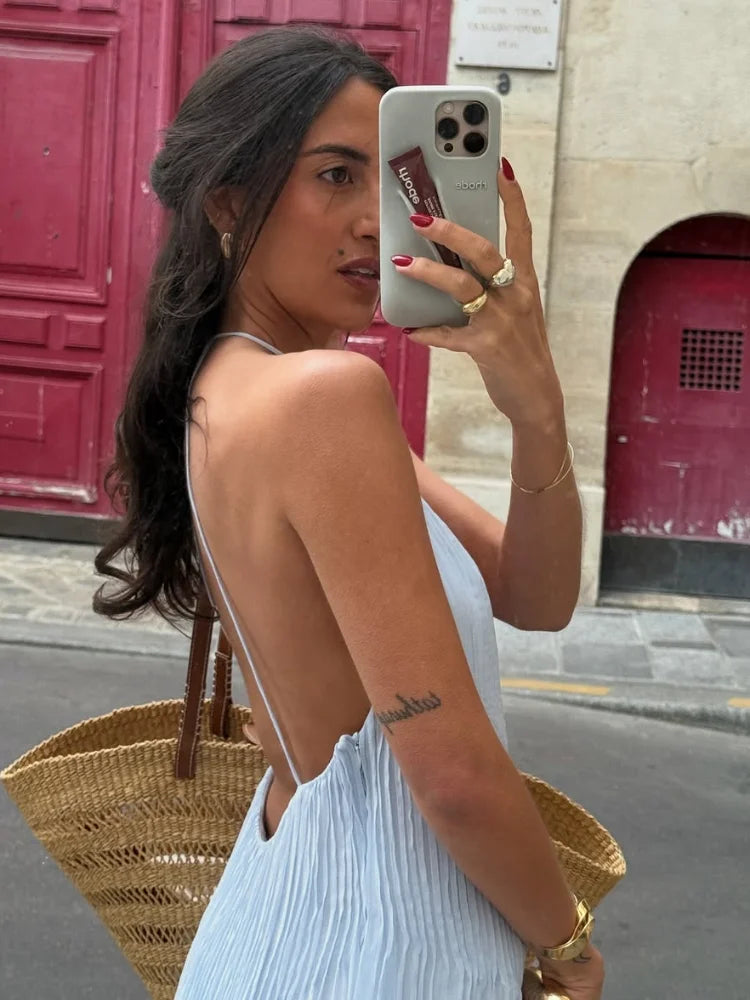 Sexy Women's Solid Color Pleated Long Dress Elegant Sleeveless Suspender Backless Slim Fit Dresses Beach Party Women's Robe