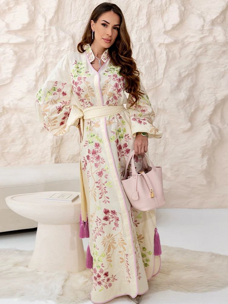 Retro Floral Print Women's Long Dress With Tassel Belt Stand Collar Long Sleeve Muslim Kaftan Dresses 2026 Spring New Lady Robes