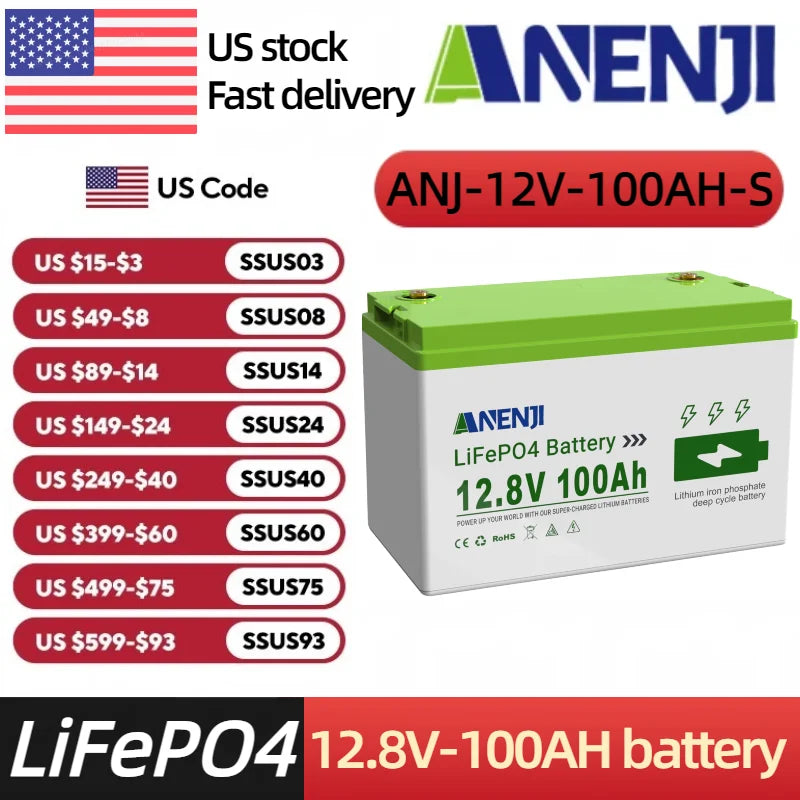 ANENJI LiFePO4 battery 12.8V 100AH 1.28KWh Power Battery Backup Solar Storage 12V-100AH lithium Battery for Home built-in BT BMS