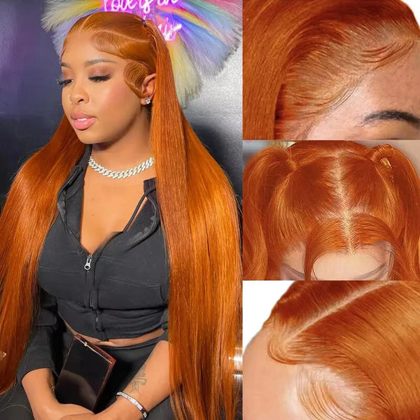 34 Inch Orange Ginger Lace Front Wigs Human Hair For Women Straight 13x4
