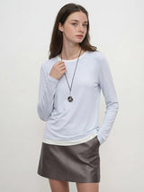 Women Fake Two-Piece T-shirt Spring Summer 6%Silk Round Neck Long Sleeve Basic T-Shirts Tops