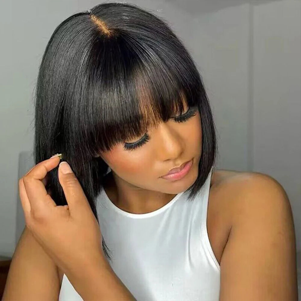 Straight Short Bob Human Hair Wigs With Bangs Fringe 3x1 Middle Part Lace Wigs Realistic Scalp Brazilian Remy Hair For Women