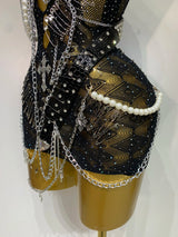 Fashion Chain Decoration Short Party Dress Luxury Women Sexy Hollow Out Nightclub Outfit Performance Singer Dancer Costume