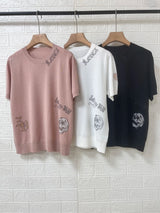 2026 Spring Summer Women Knit Thin Tshirt Skull Letter Rhinestone Short-sleeved Lady Round Neck Casual Knitted Tee